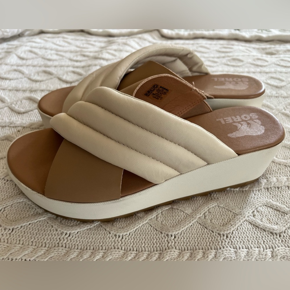 SOREL Cameron Platform Women’s Cream and Tan Sandal Slip On Size 9.5 - Picture 3 of 12